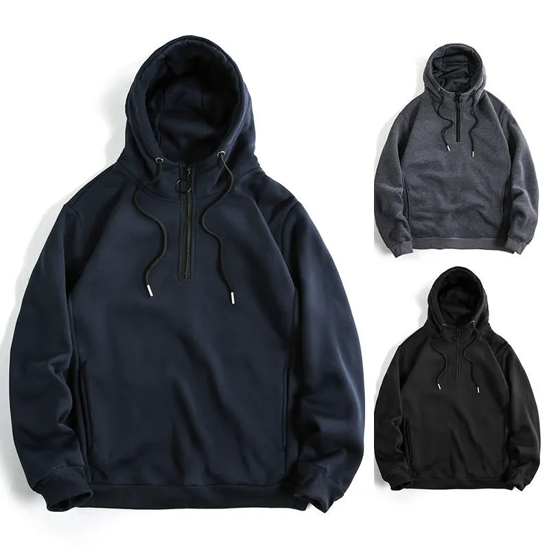 Men's Loose Casual Solid Color Hoodie in Polyester Fibre, Slim Fit Pullover Sweatshirt Available in Black, Dark Gray, Navy Blue, Sizes S M L XL 2XL, Large Size Suitable for Big Builds, Asian Sizing Note Provided