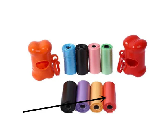 Roll of coloured disposable pet waste bags showing black, blue, green, light blue, pink, and purple options.
