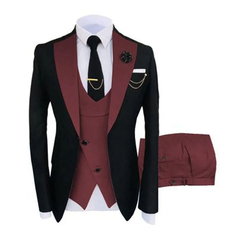 Men's slim fit cotton business suit set showing coat vest trousers