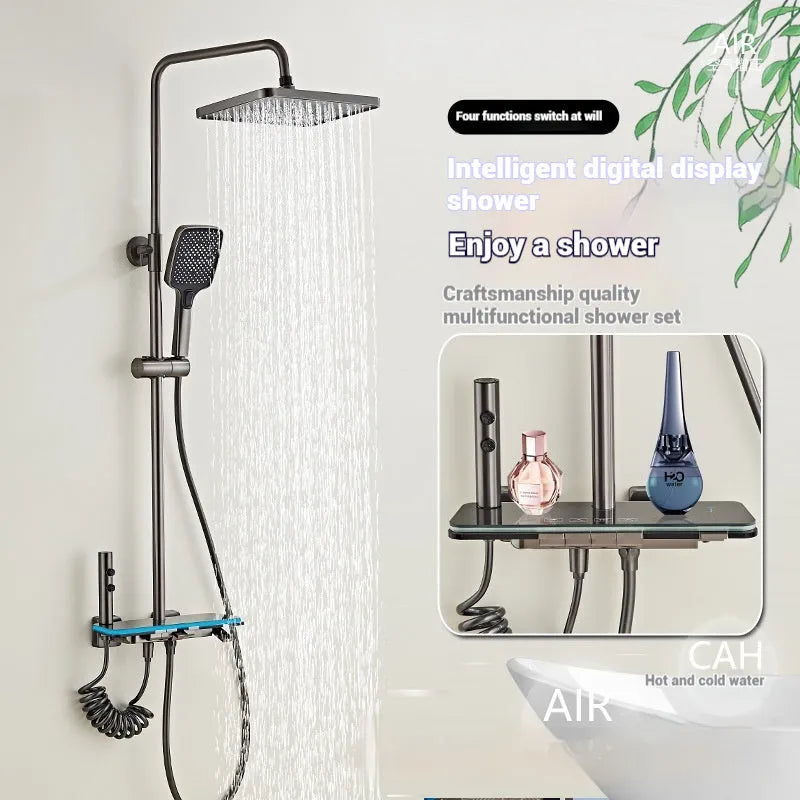 Aluminium digital display thermostatic shower head set for wall installation