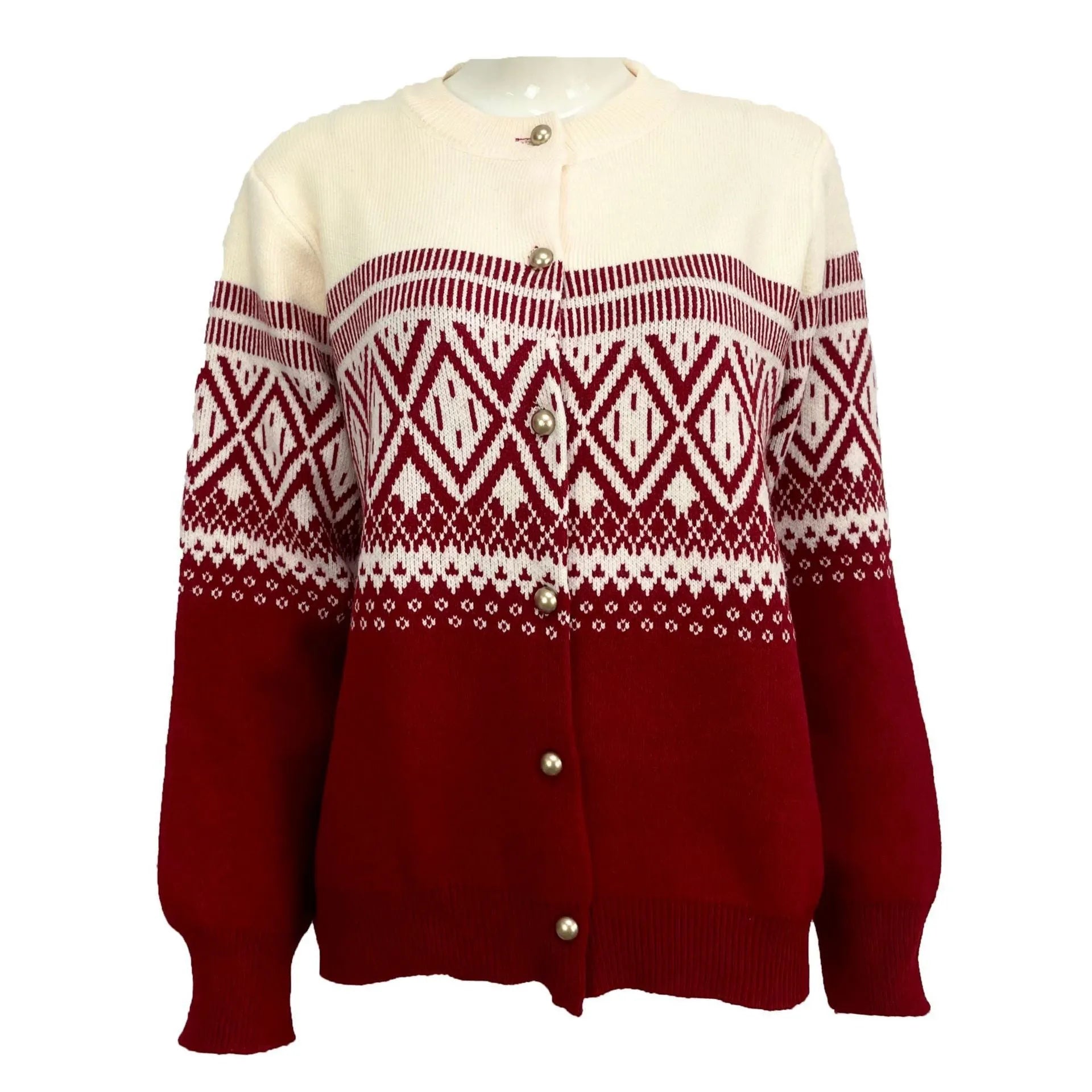 Women's red alpaca wool cardigan with diamond knit pattern and contrast colour long sleeves.