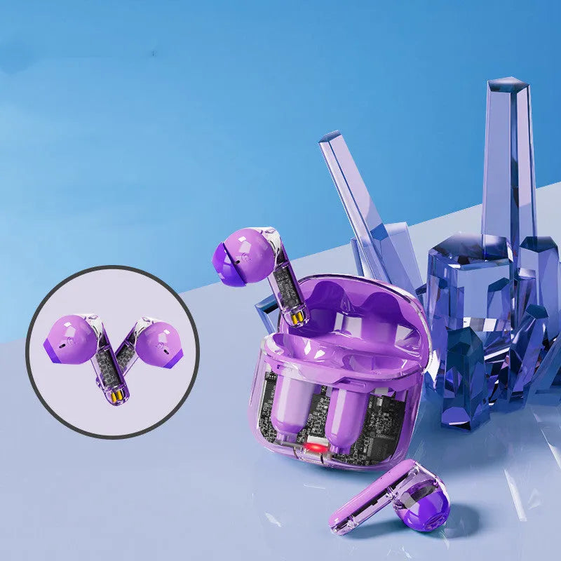 Transparent wireless Bluetooth earbud with breathing light available in black white and purple