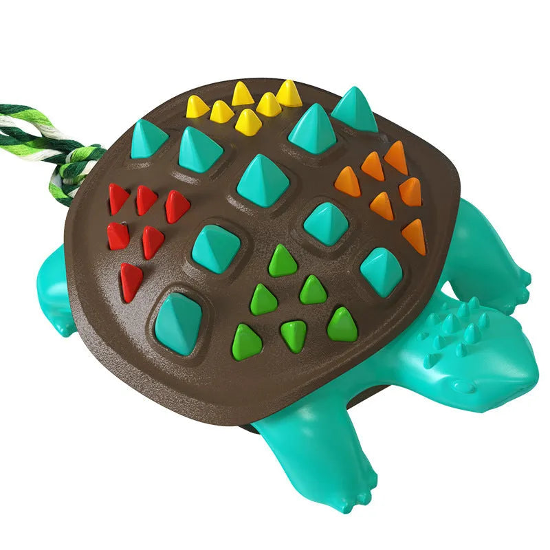 Natural rubber dog toothbrush chew toy with dinosaur knot design in chocolate blue colour