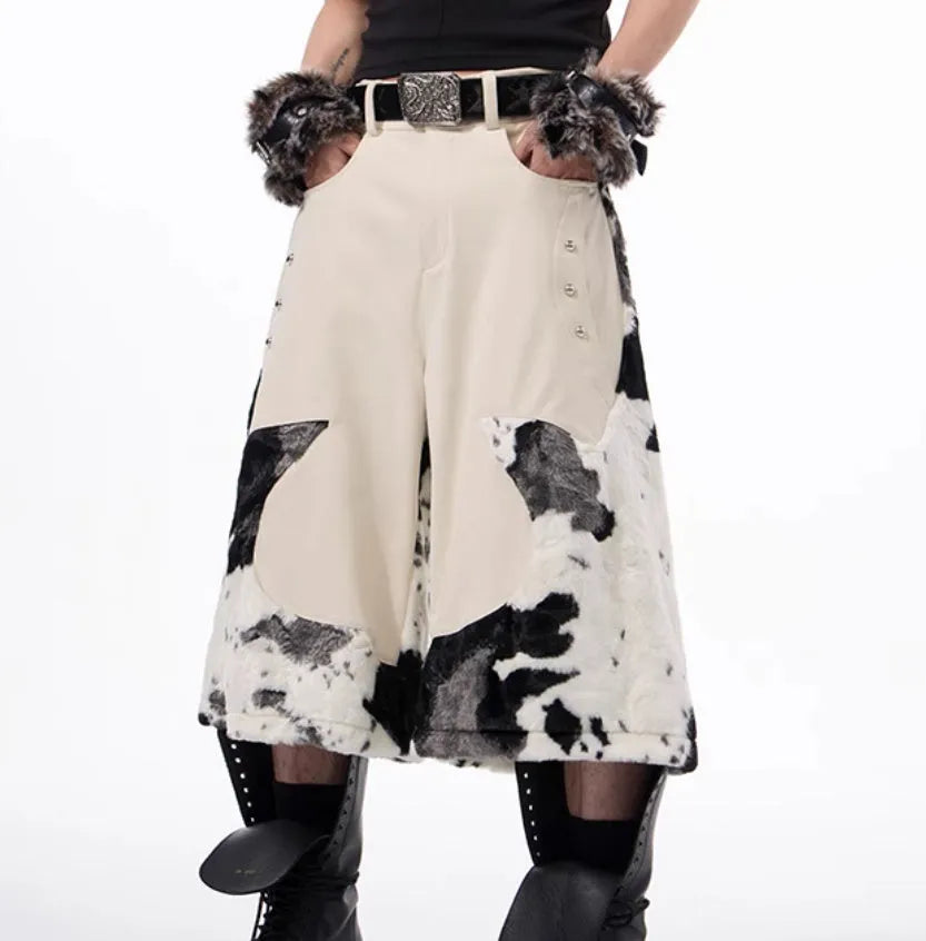 Cropped stitching milk fiber fur pants with checkered striped printed embroidered patterns in picture colour
