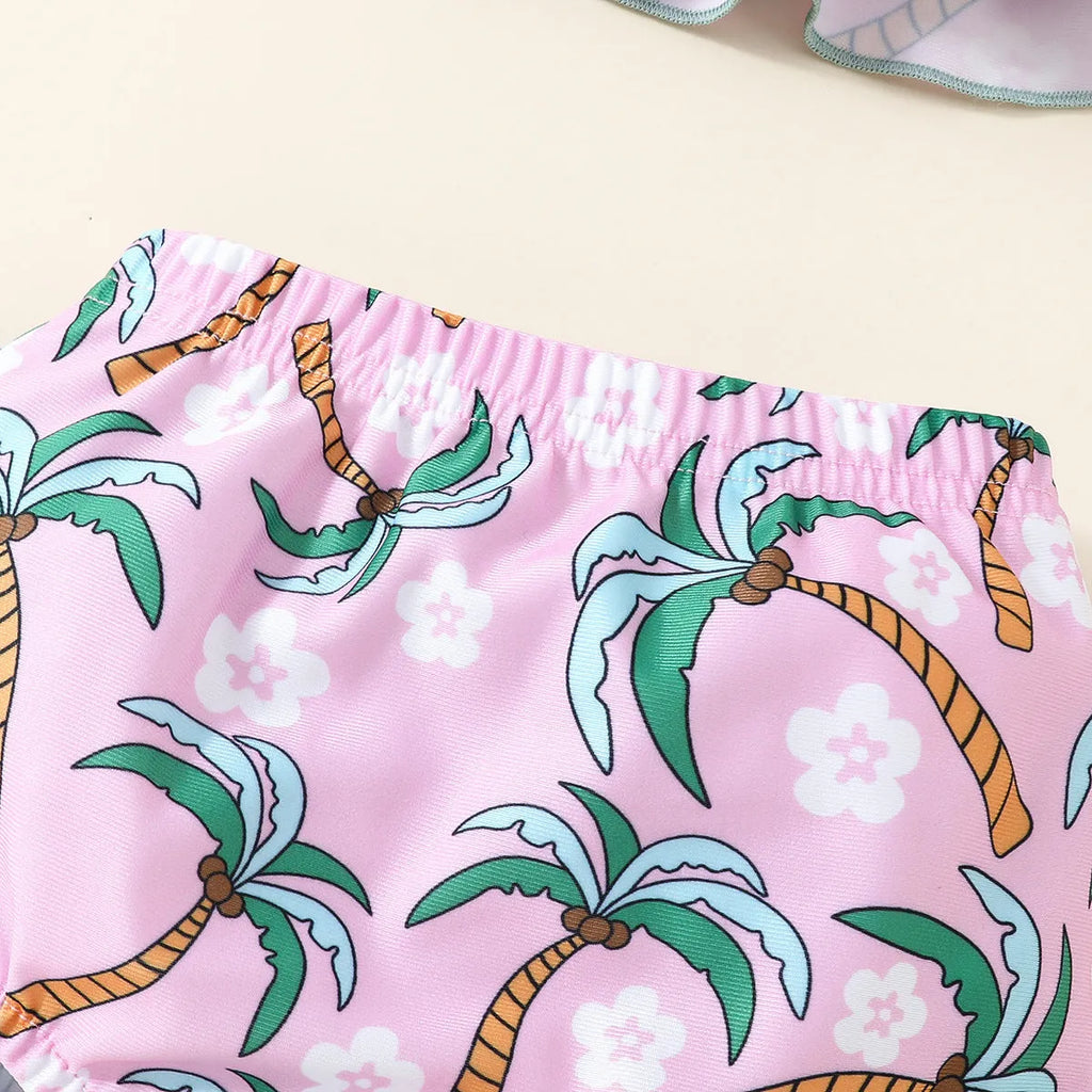 White sweet style children's two-piece swimsuit set with top and shorts on a hanger