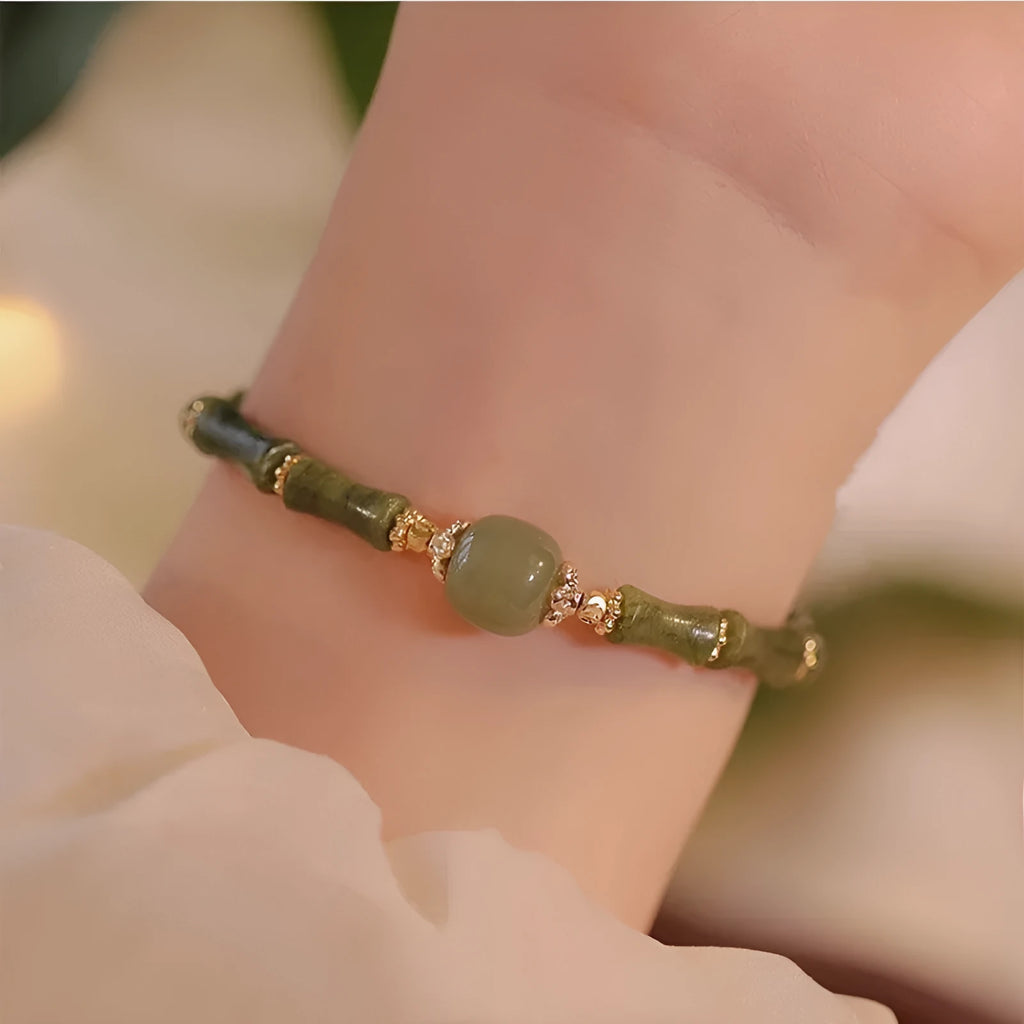 Traditional Hetian jade bamboo festival bracelet with geometric circular design in dark green or light colour options