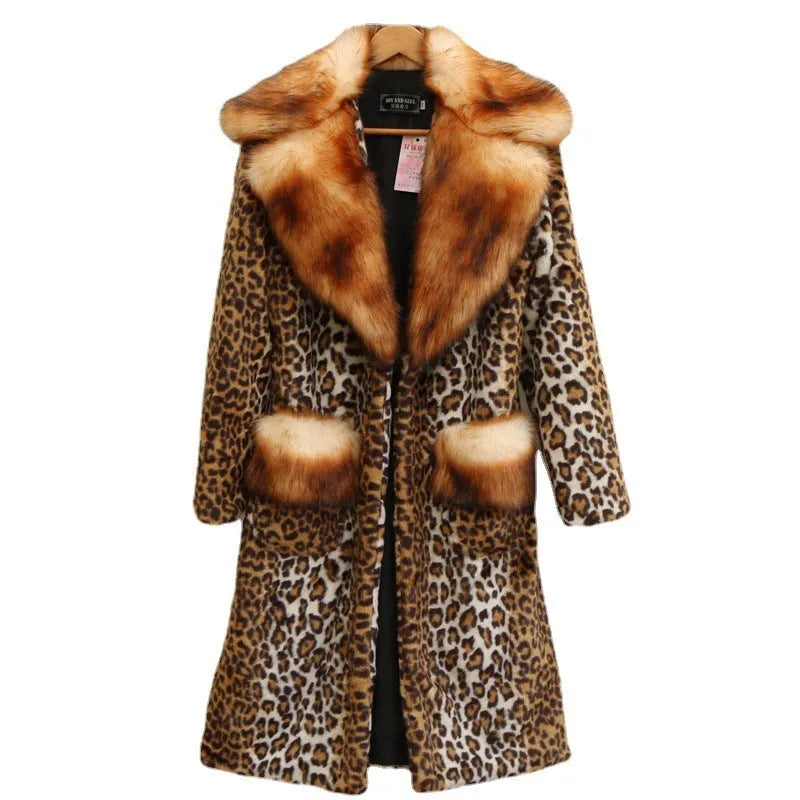 Women's long leopard print artificial fur jacket with regular sleeves and street fashion styling