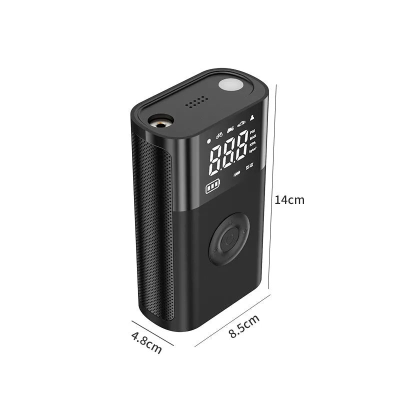 Wireless digital display car tyre inflator with multiple nozzle adaptors and LED light