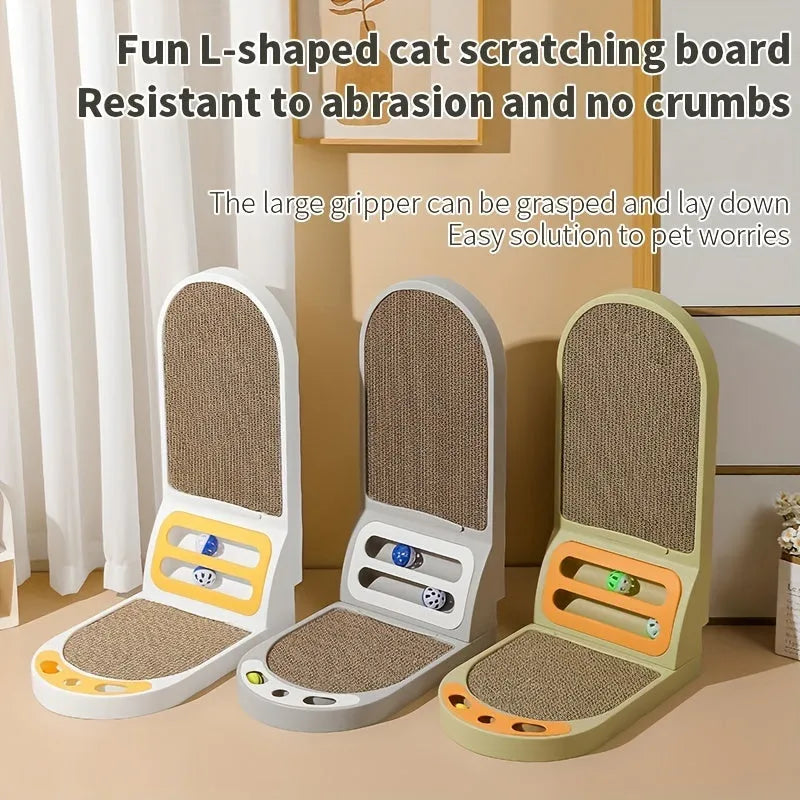 Grey L-shaped vertical cat scratching board made of corrugated cardboard on a wooden floor.