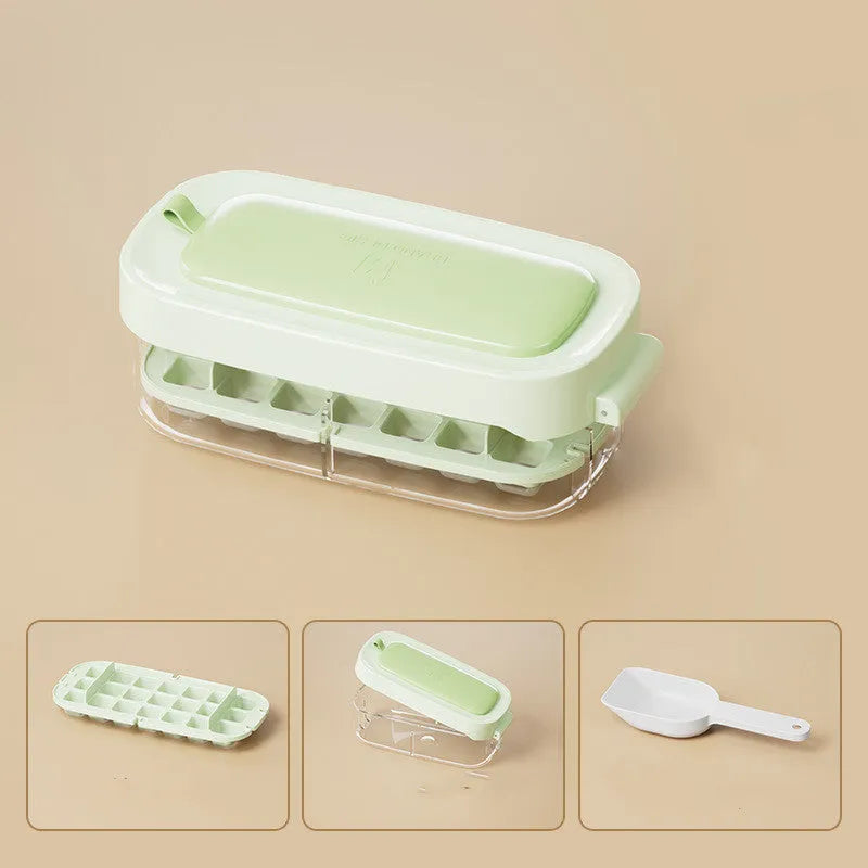 Yellow high-capacity ice cube tray with grid design and a storage slot for an ice shovel.
