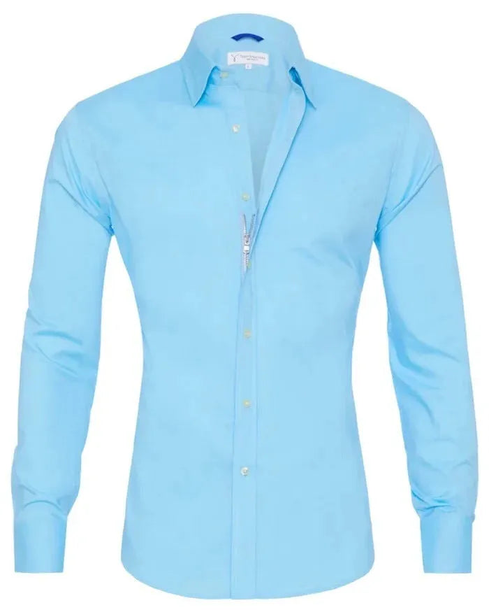 Long sleeve zipper shirt with button lapel in solid colour, slim fit, cotton four-sided elastic fabric for men