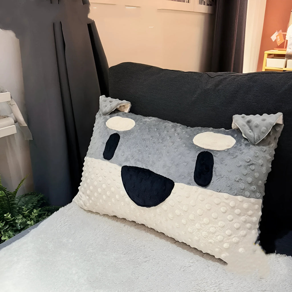 Grey schnauzer and white West Highland puppy printed dog cushion pillow measuring 50cm.