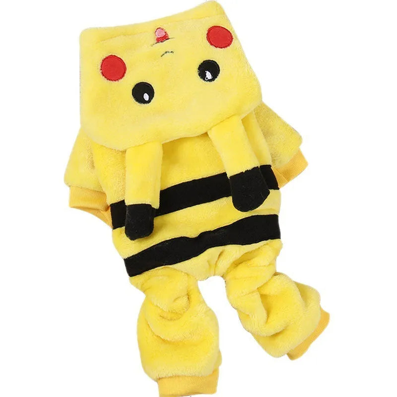 Fleece cat and dog coat with cartoon design on a pet mannequin, showing hoodie style.