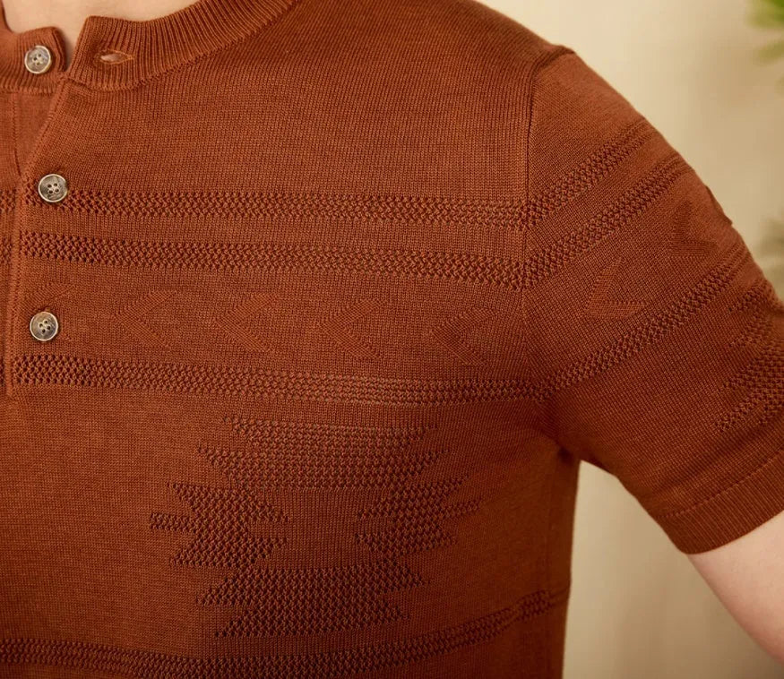 Knitted Henley shirt American retro slim-fit short sleeve in denim blue cotton lyocell blend