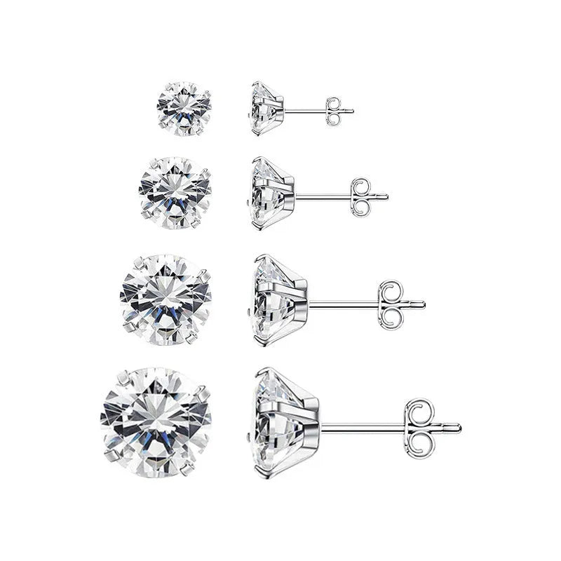 Square geometric titanium steel stud earrings with sparkling zircon stones in gold and steel colour.