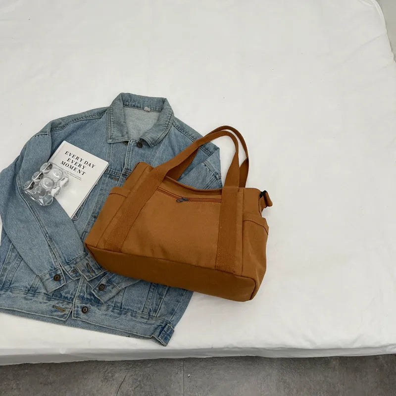 Women's canvas shoulder tote bag with sandwich pocket in solid colour options