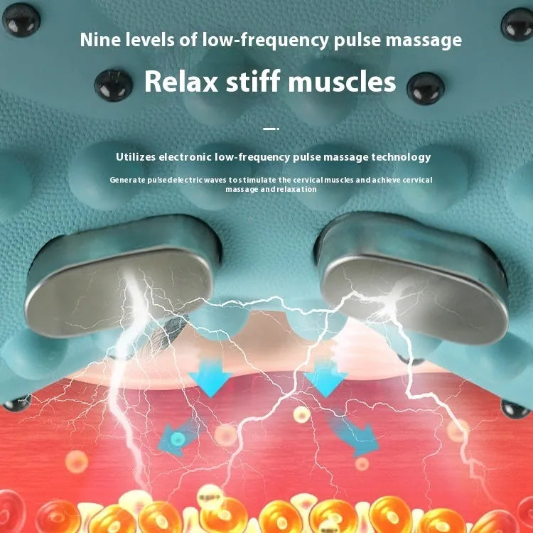 Blue-green portable cervical spine massage pillow with EMS and heat therapy functions