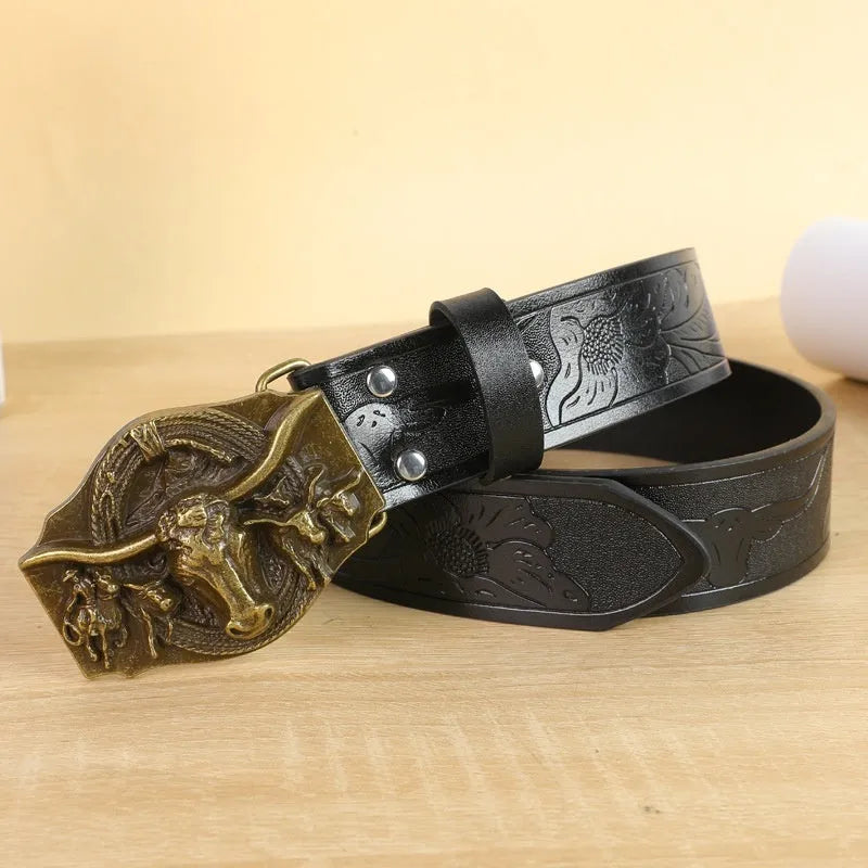 Men's black imitation leather belt with a metallic alloy cow head buckle and pin buckle fastening