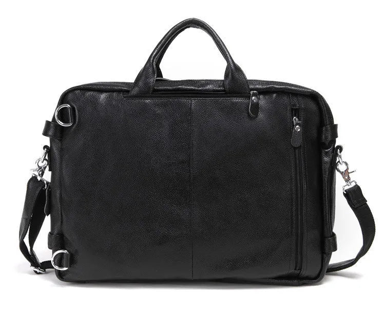 Black large leather handbag horizontal square shape with zipper closure and multiple internal compartments
