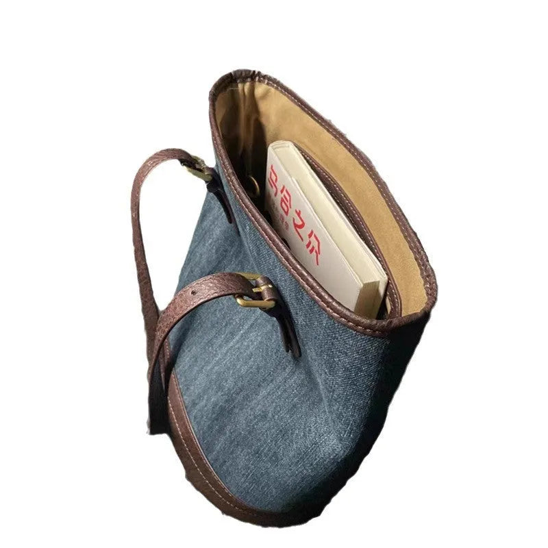 Denim patchwork style large capacity bucket handbag with one shoulder strap