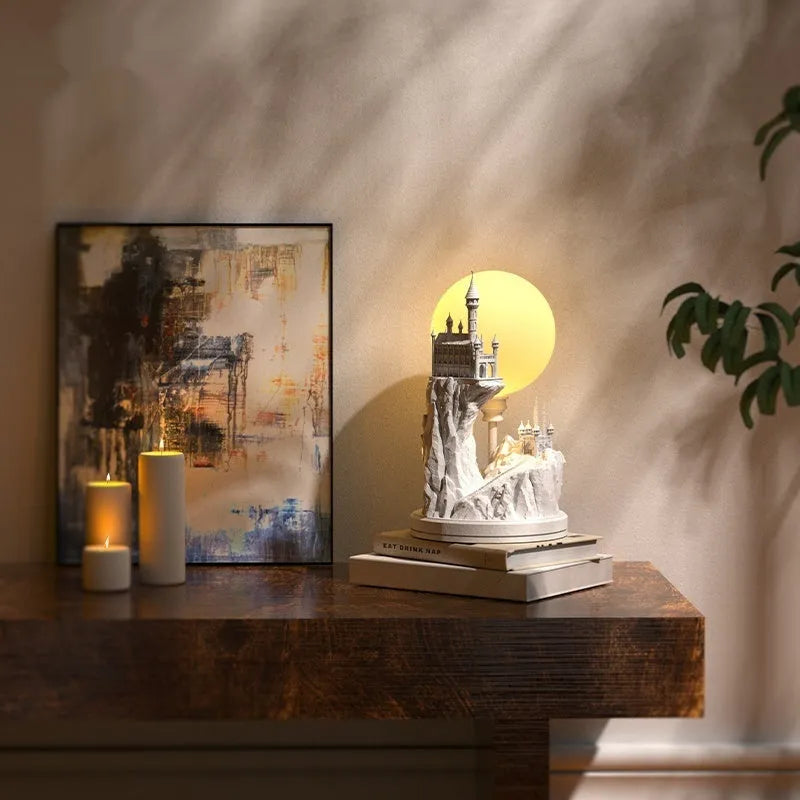 Small white composite gypsum desk lamp with a plug and wire-controlled switch.