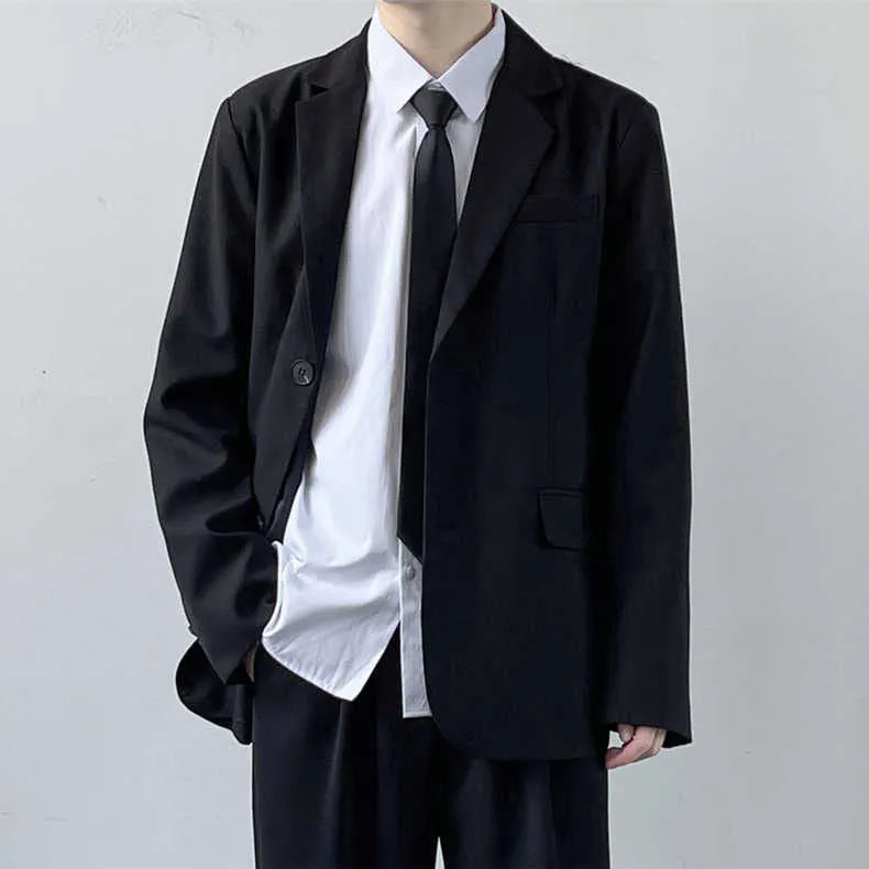 Plus size men's college style suit set with jacket, trousers, white shirt, and tie in loose fit