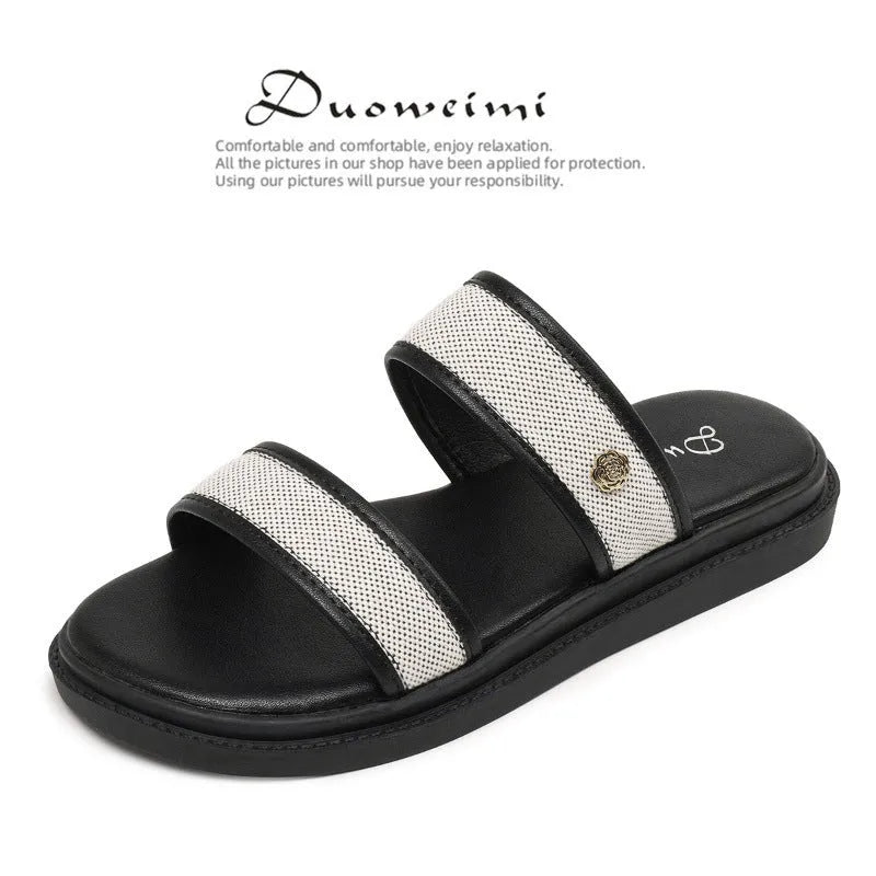 Brown and black vintage women's soft bottom flip-flops with artificial PU upper