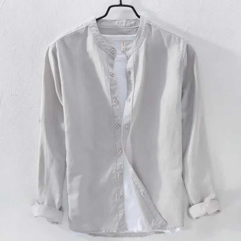 Men's loose fit long sleeve casual shirt in linen-cotton blend, shown in dark blue colour.
