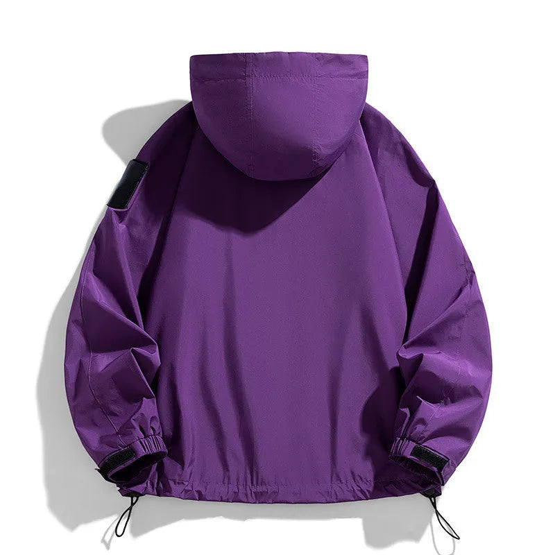 Men's black waterproof windproof hooded jacket with long sleeves