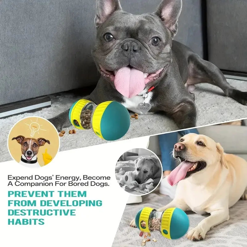 Blue adjustable treat dispenser toy for dogs with dual spheres and food dispensing holes