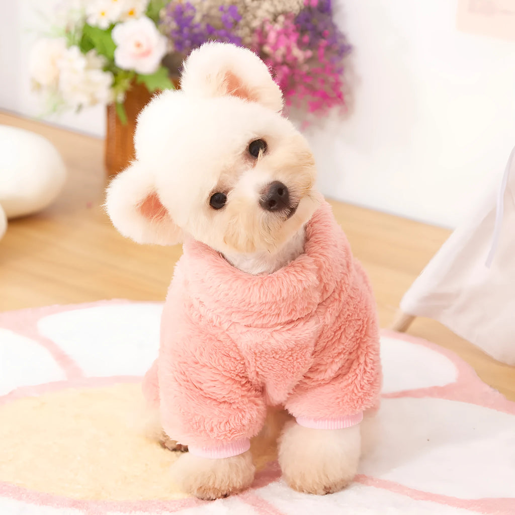 Four-legged dog clothes in plush cotton velvet with high collar and towing ring