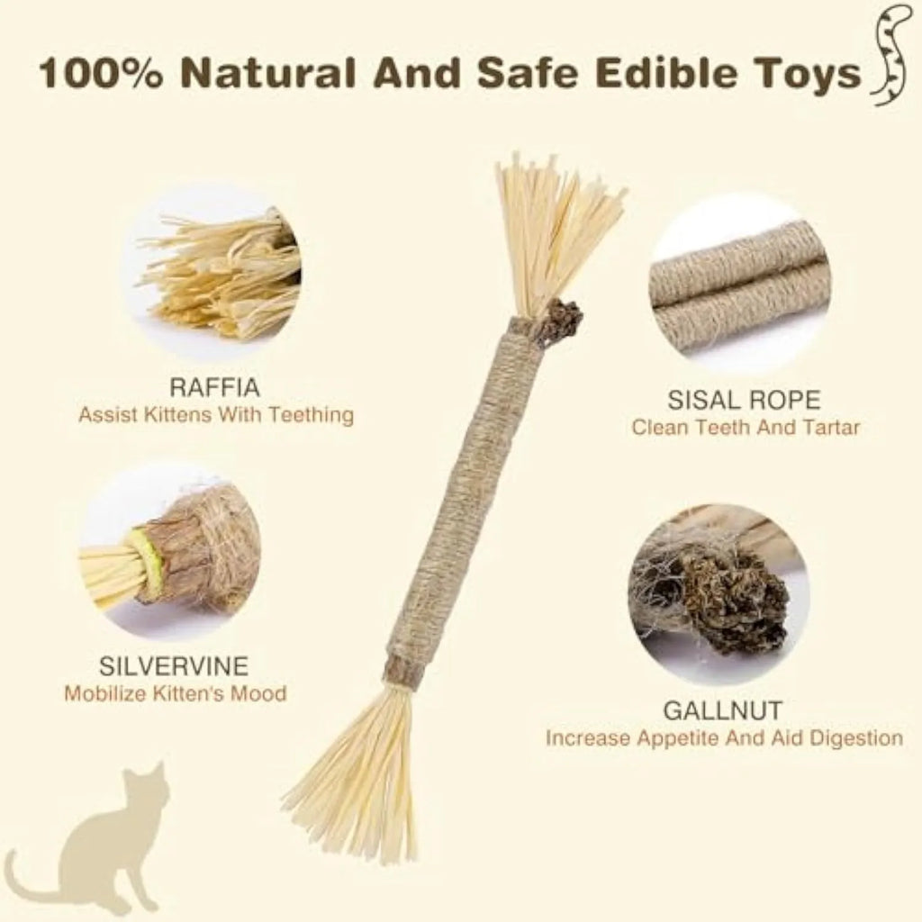 3 natural silvervine chew sticks for cats with sisal rope and raffia dental care toy