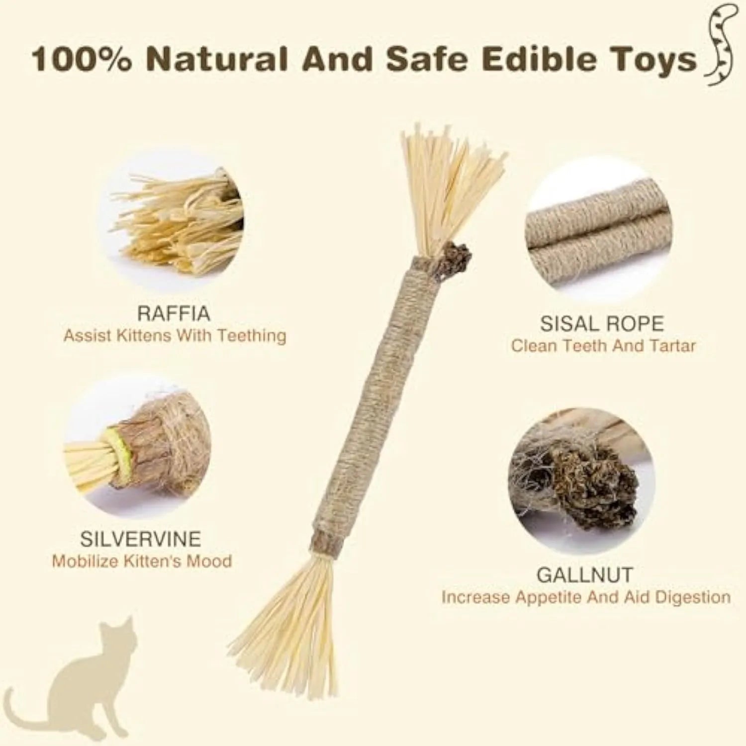 3 natural silvervine chew sticks for cats with sisal rope and raffia dental care toy