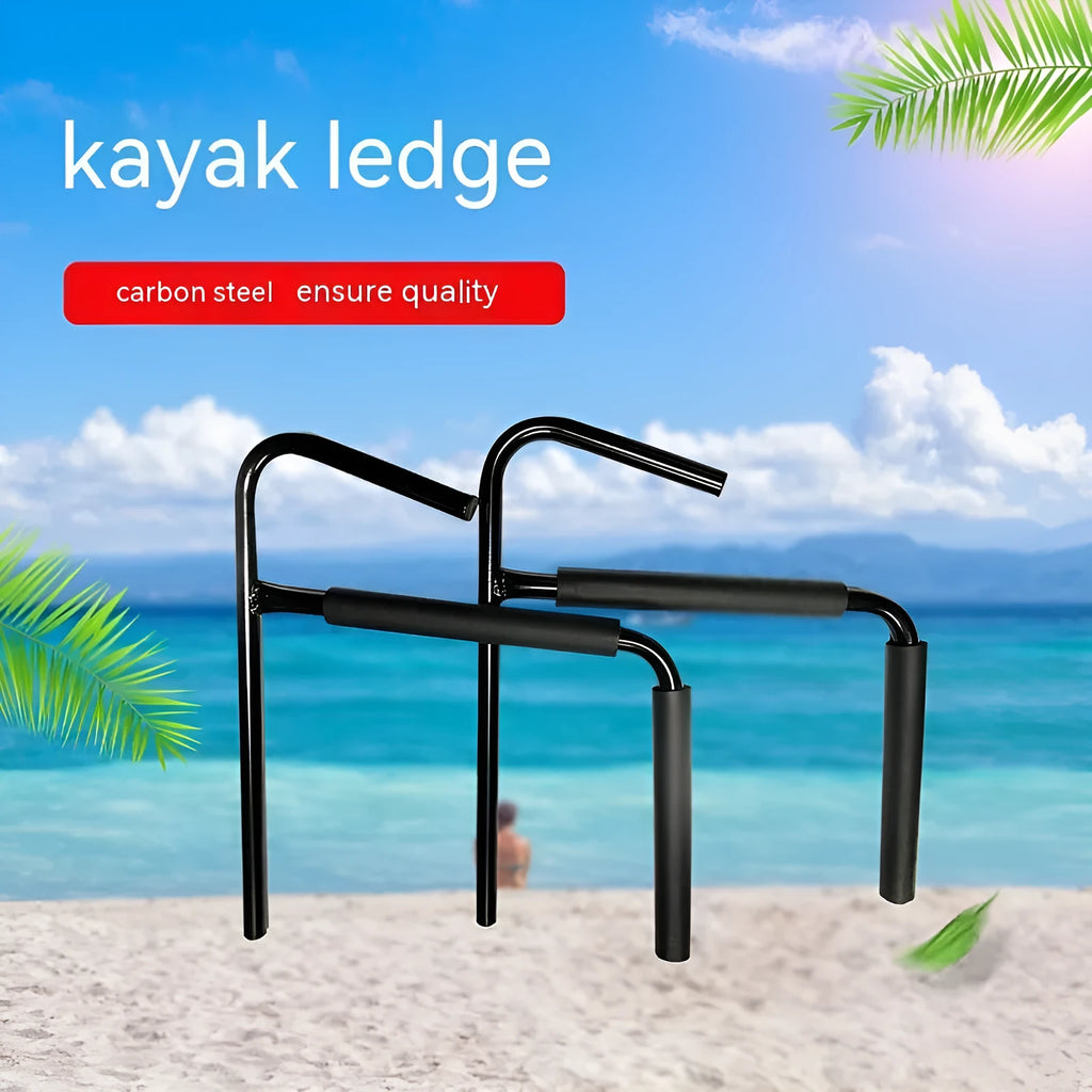 Carbon steel kayak and surfboard wall hanger rack mounted on a wall.