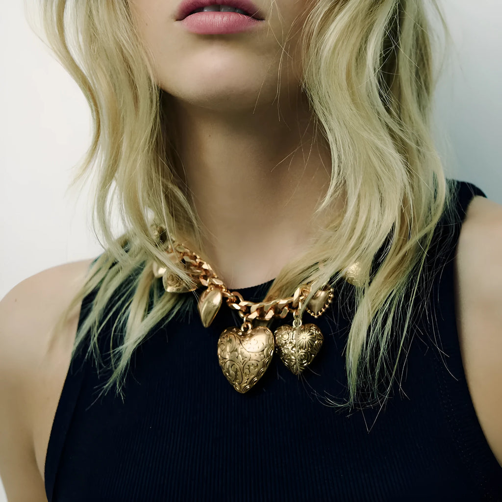 Large carved heart pendant necklace with adjustable chain in gold or white K finish
