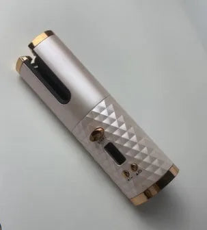 Portable USB charging curling iron with gold ceramic barrel in white, pink, or grey