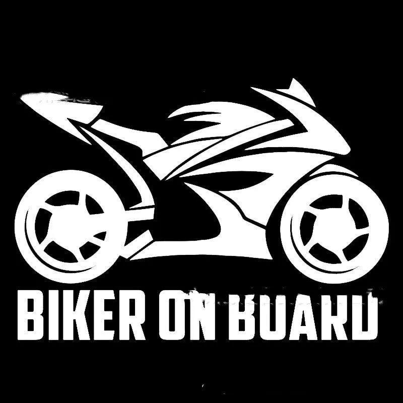 Motorcycle reflective safety sticker in PET material showing two size options: 14×20cm and 10×15cm