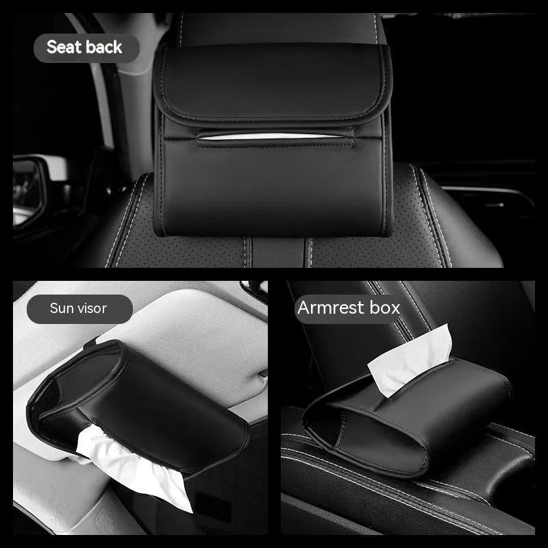Leather car tissue box with elastic band for seat-back mounting in vehicle
