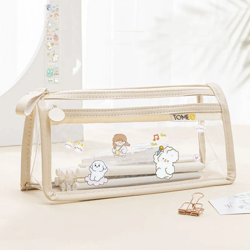 Transparent double-layer pencil case showing two compartments, 220x110x80mm dimensions