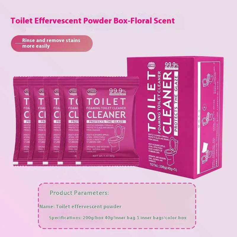Toilet bubble powder in pink floral and blue ocean fragrance, showing 240g bag and box of five 40g sachets.