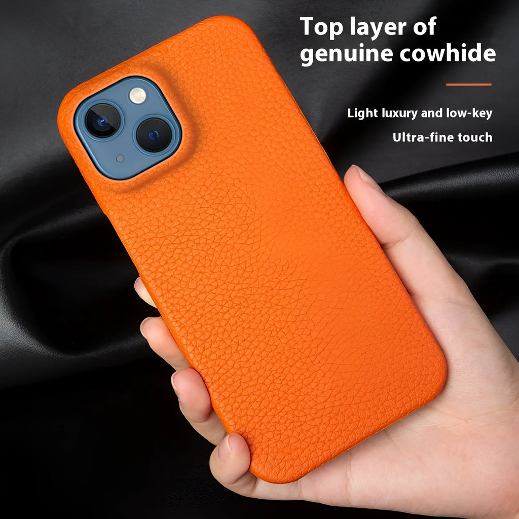 Orange genuine leather half pack phone case for iPhone 16 with hand-stitched edges