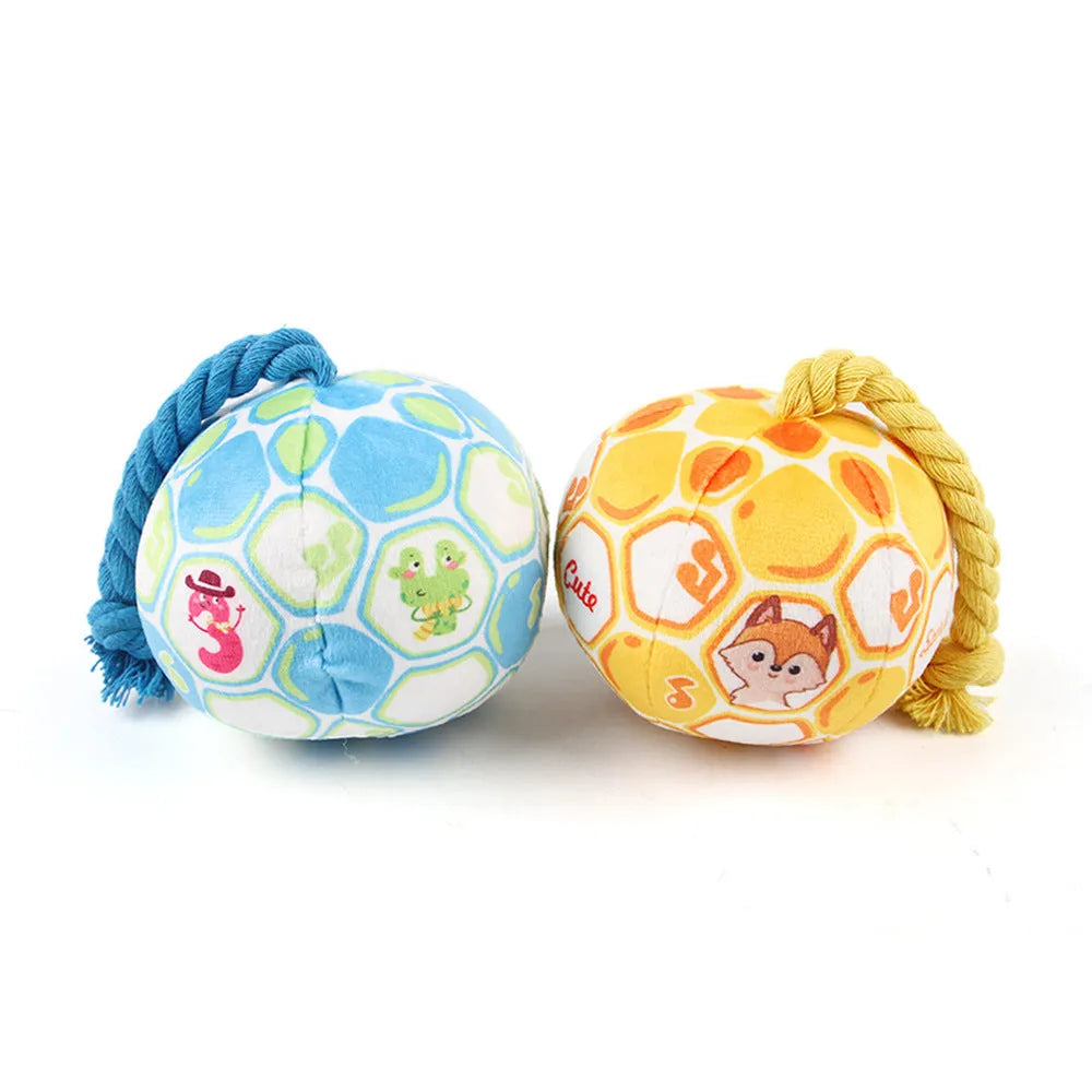 Blue elastic football dog tug toy made from cotton rope for interactive play