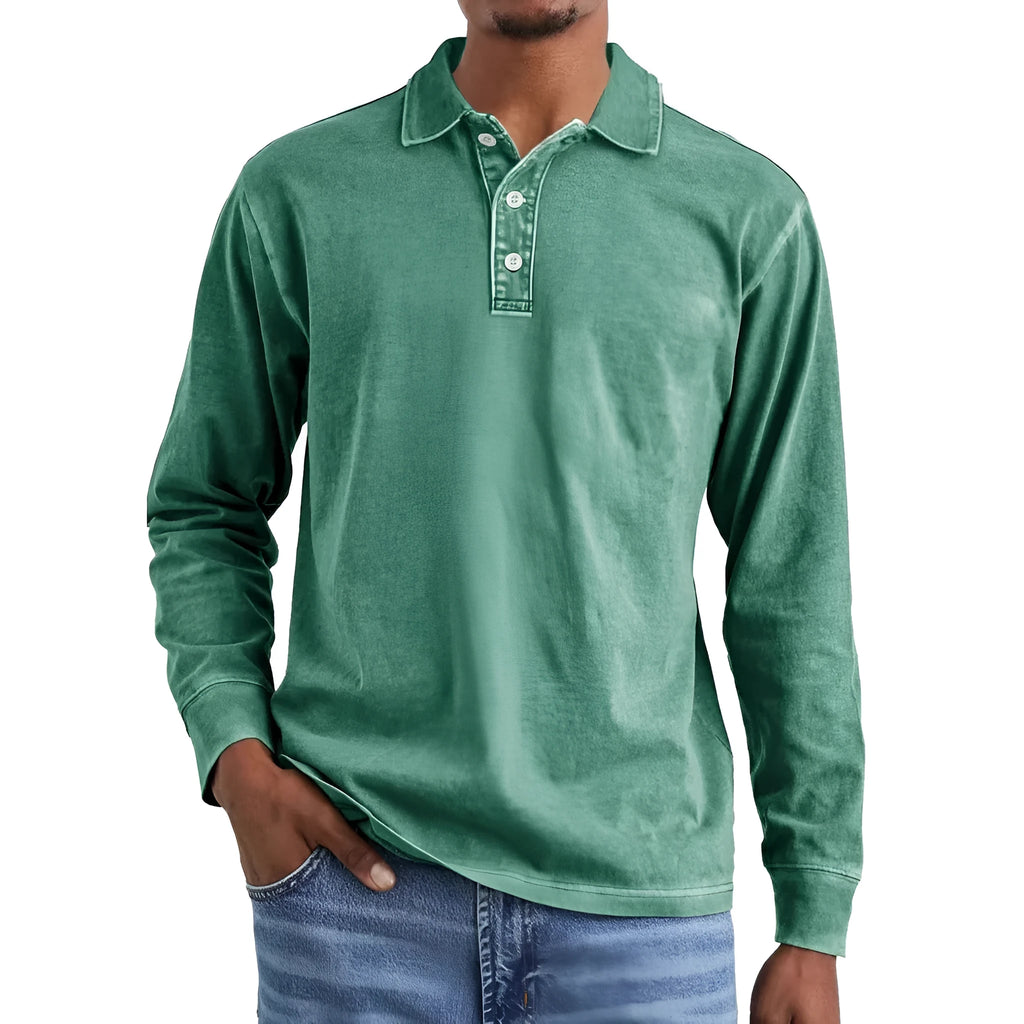 Man wearing a retro washed distressed cotton lapel long sleeve polo shirt in army green.