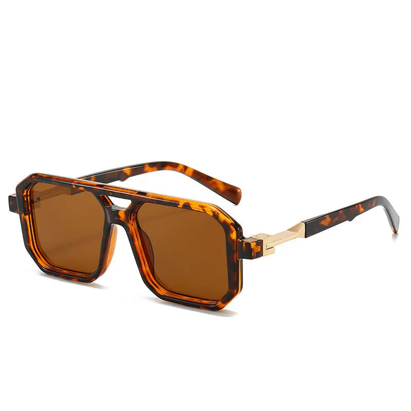 Retro double beam pilot sunglasses with polarised lenses in various colour options including black, blue, and leopard print.