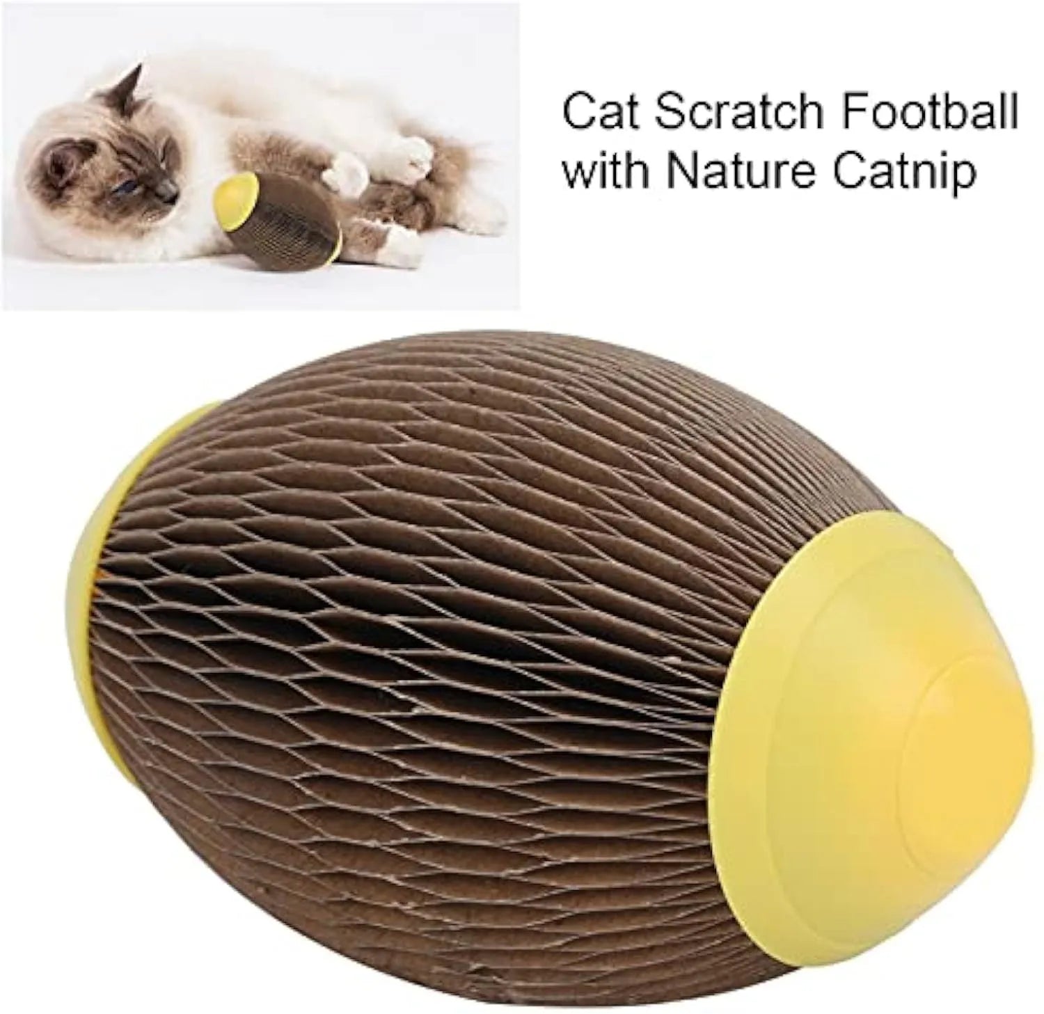 Ellipse-shaped catnip ball toy made from recycled corrugated paper with scratch surface