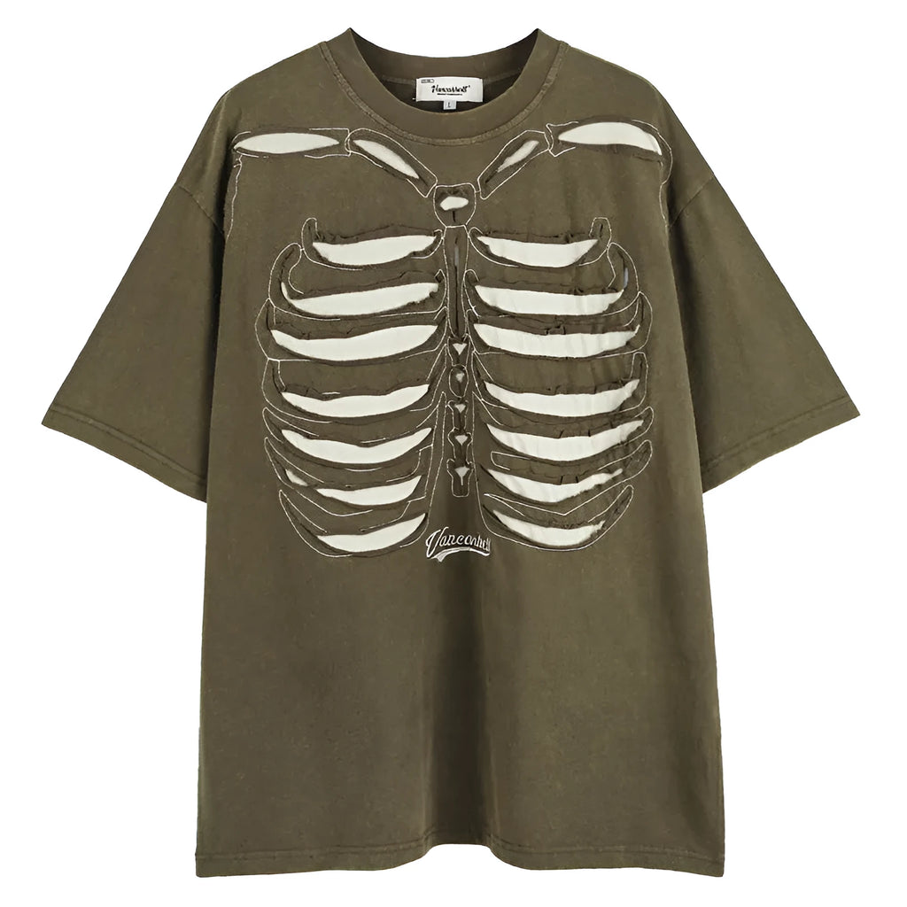 Brown skull design short sleeve t-shirt with letter pattern and drop-shoulder sleeves