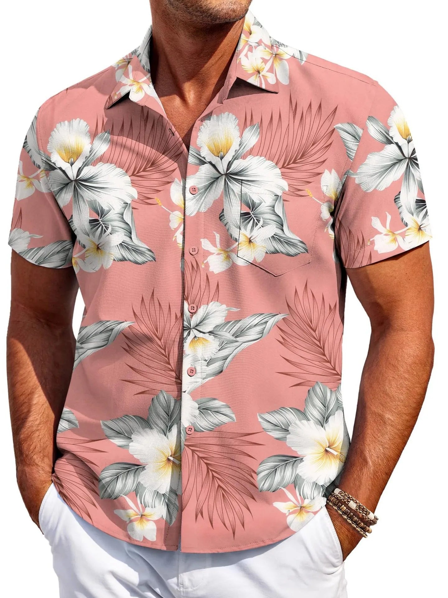 Men's slim fit Hawaiian-inspired cardigan shirt in elastic polyester fabric