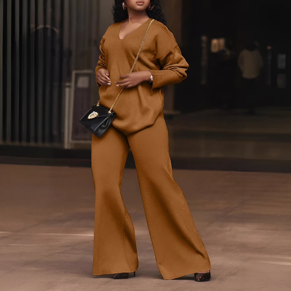 Women's brown suede velvet two-piece suit with long sleeve top and matching trousers