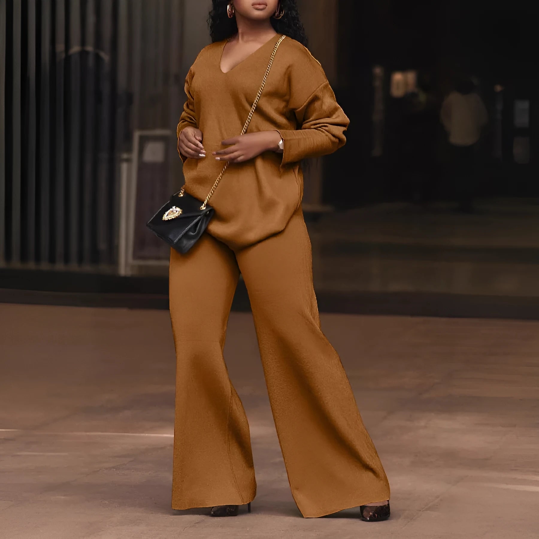 Women's brown suede velvet two-piece suit with long sleeve top and matching trousers