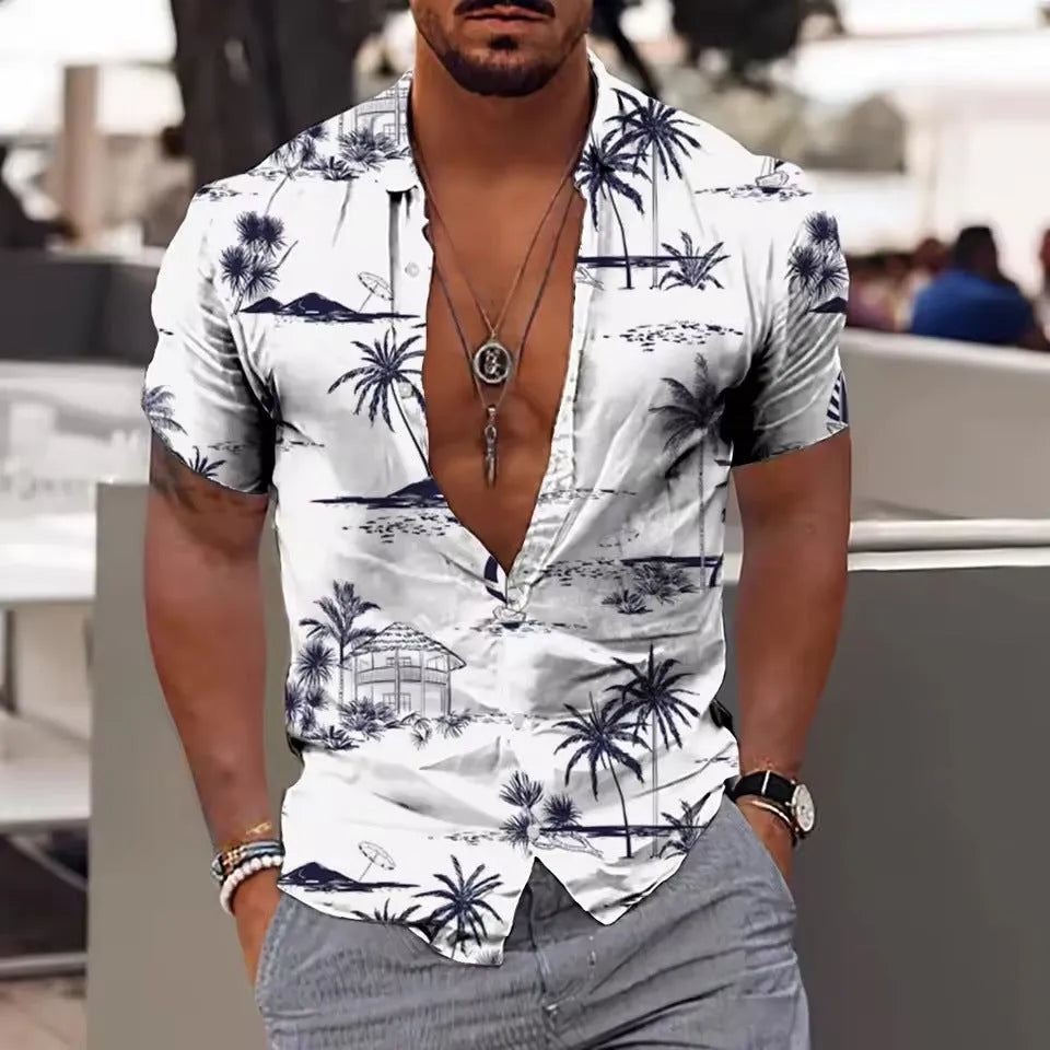 Men's loose-fit floral print short sleeve beach shirt in a colour from the available range.